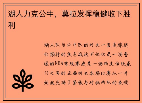 湖人力克公牛，莫拉发挥稳健收下胜利