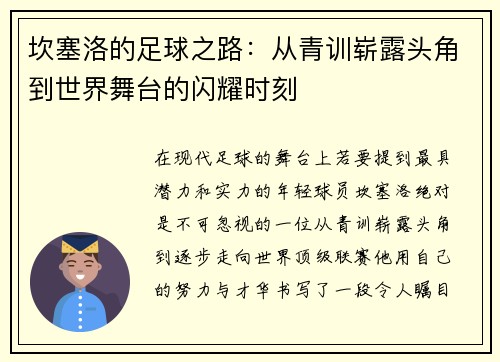 坎塞洛的足球之路：从青训崭露头角到世界舞台的闪耀时刻