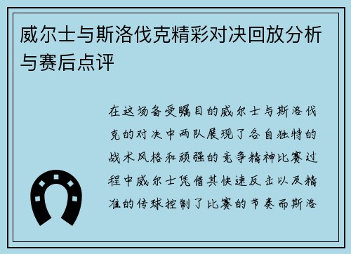 威尔士与斯洛伐克精彩对决回放分析与赛后点评