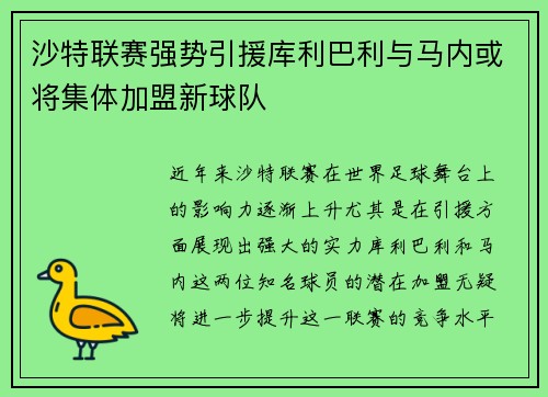 沙特联赛强势引援库利巴利与马内或将集体加盟新球队