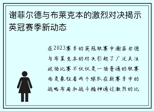 谢菲尔德与布莱克本的激烈对决揭示英冠赛季新动态