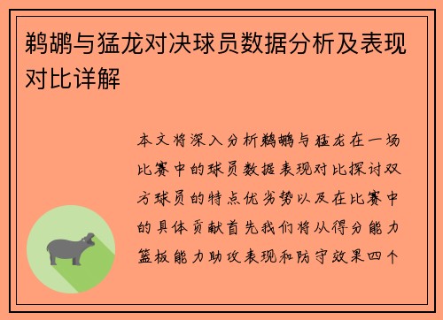 鹈鹕与猛龙对决球员数据分析及表现对比详解