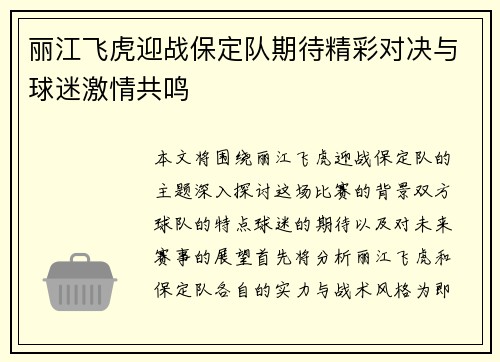 丽江飞虎迎战保定队期待精彩对决与球迷激情共鸣