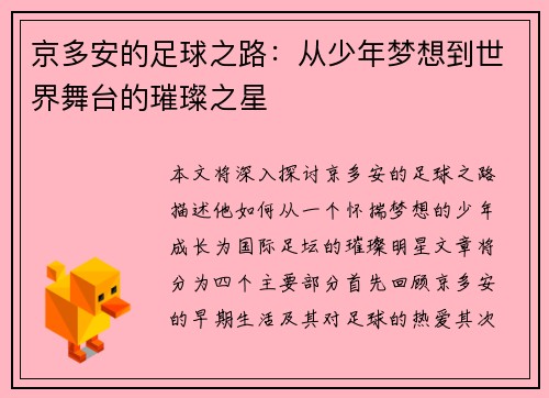 京多安的足球之路：从少年梦想到世界舞台的璀璨之星