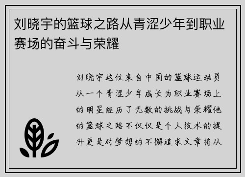 刘晓宇的篮球之路从青涩少年到职业赛场的奋斗与荣耀