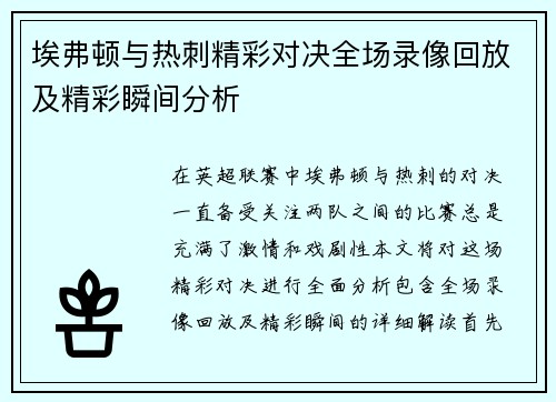 埃弗顿与热刺精彩对决全场录像回放及精彩瞬间分析