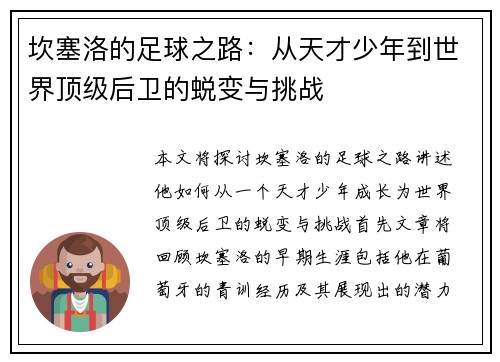 坎塞洛的足球之路：从天才少年到世界顶级后卫的蜕变与挑战