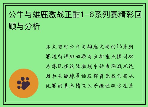 公牛与雄鹿激战正酣1-6系列赛精彩回顾与分析