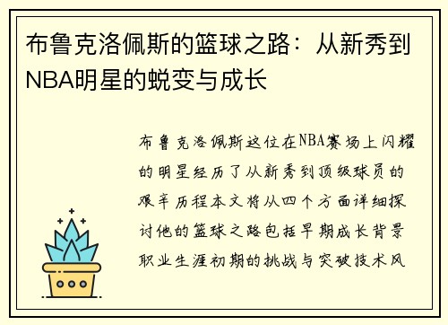 布鲁克洛佩斯的篮球之路：从新秀到NBA明星的蜕变与成长
