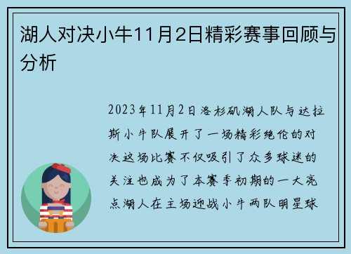 湖人对决小牛11月2日精彩赛事回顾与分析