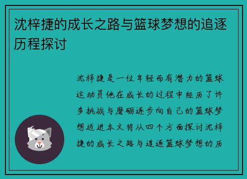 沈梓捷的成长之路与篮球梦想的追逐历程探讨