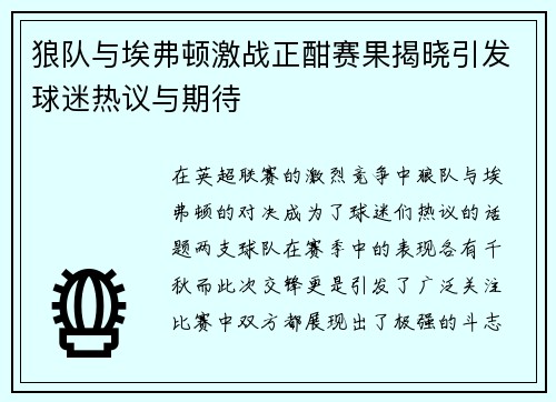 狼队与埃弗顿激战正酣赛果揭晓引发球迷热议与期待