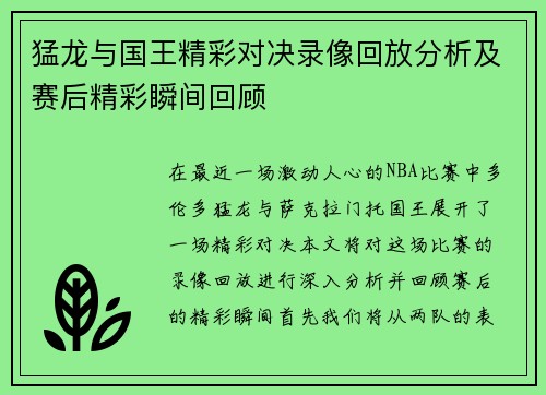 猛龙与国王精彩对决录像回放分析及赛后精彩瞬间回顾