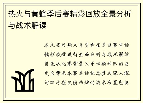 热火与黄蜂季后赛精彩回放全景分析与战术解读
