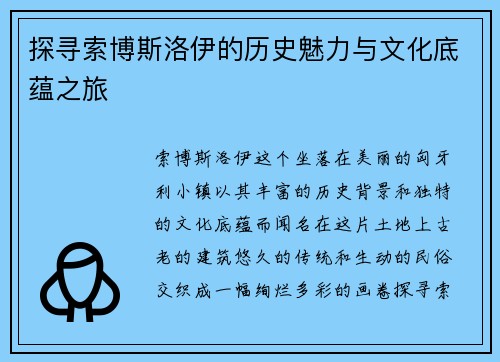 探寻索博斯洛伊的历史魅力与文化底蕴之旅