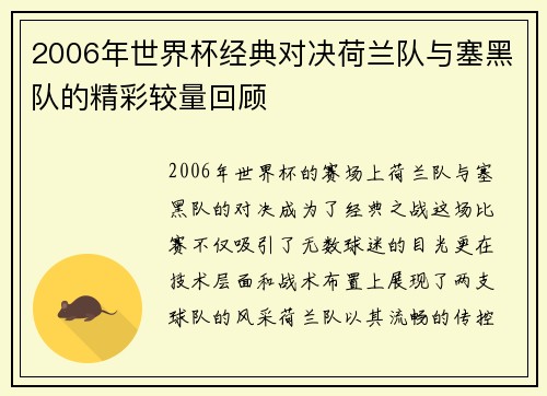 2006年世界杯经典对决荷兰队与塞黑队的精彩较量回顾