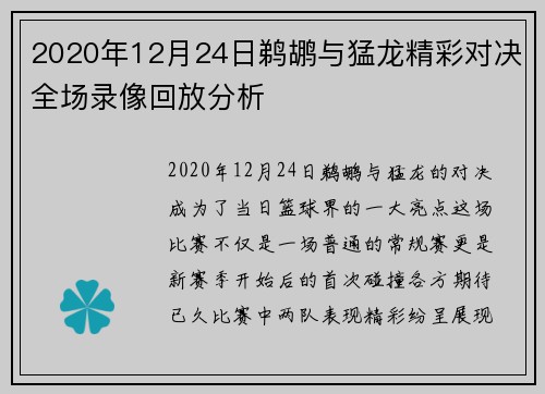 2020年12月24日鹈鹕与猛龙精彩对决全场录像回放分析