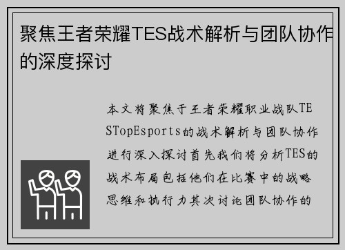 聚焦王者荣耀TES战术解析与团队协作的深度探讨