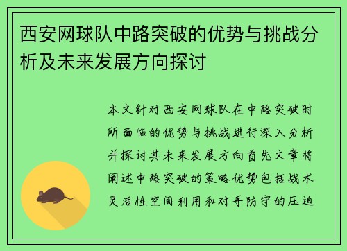 西安网球队中路突破的优势与挑战分析及未来发展方向探讨