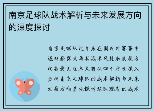 南京足球队战术解析与未来发展方向的深度探讨
