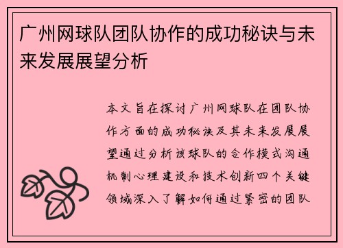 广州网球队团队协作的成功秘诀与未来发展展望分析
