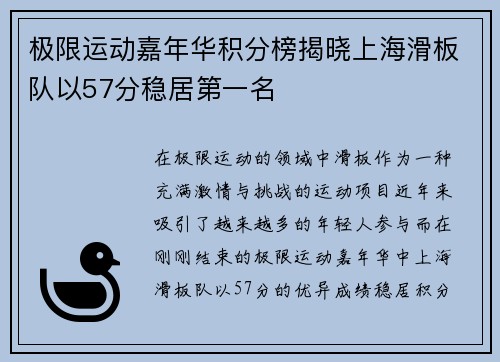 极限运动嘉年华积分榜揭晓上海滑板队以57分稳居第一名
