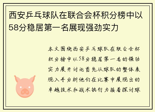 西安乒乓球队在联合会杯积分榜中以58分稳居第一名展现强劲实力