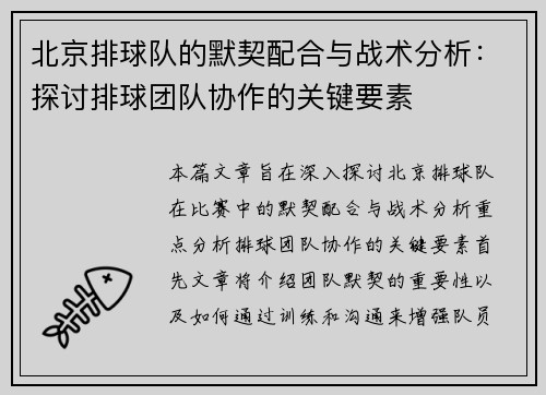 北京排球队的默契配合与战术分析：探讨排球团队协作的关键要素