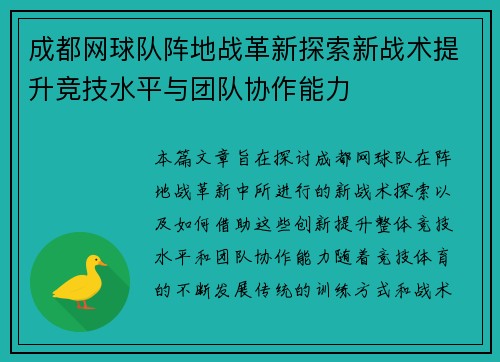 成都网球队阵地战革新探索新战术提升竞技水平与团队协作能力