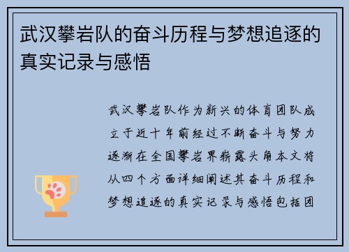 武汉攀岩队的奋斗历程与梦想追逐的真实记录与感悟