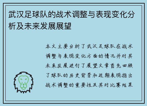 武汉足球队的战术调整与表现变化分析及未来发展展望